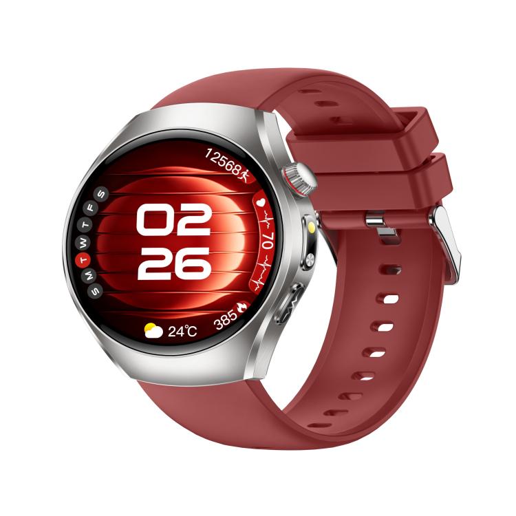 ET460 smart watch with red silicone strap, silver case, and bright digital display