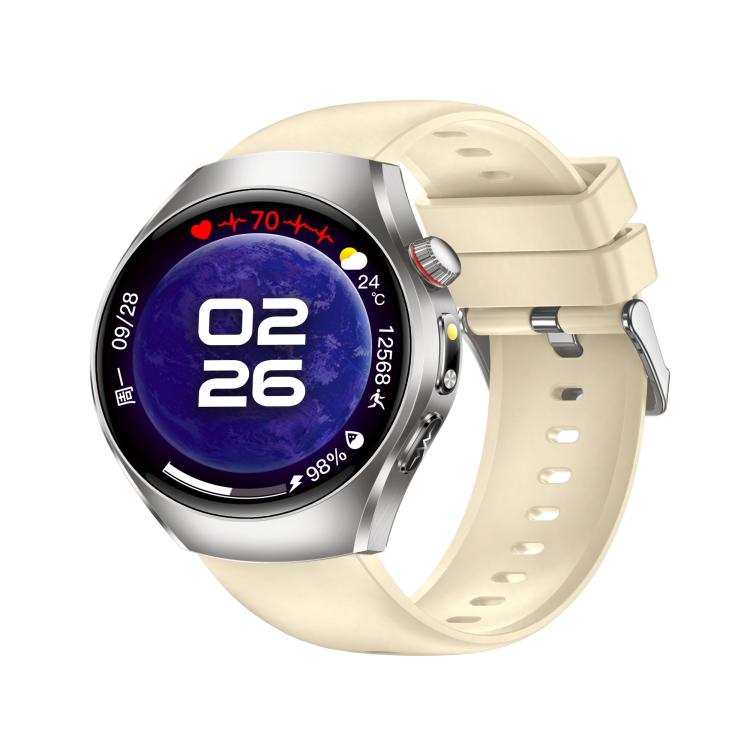 ET460 smart watch with beige silicone strap, silver case, and round digital face