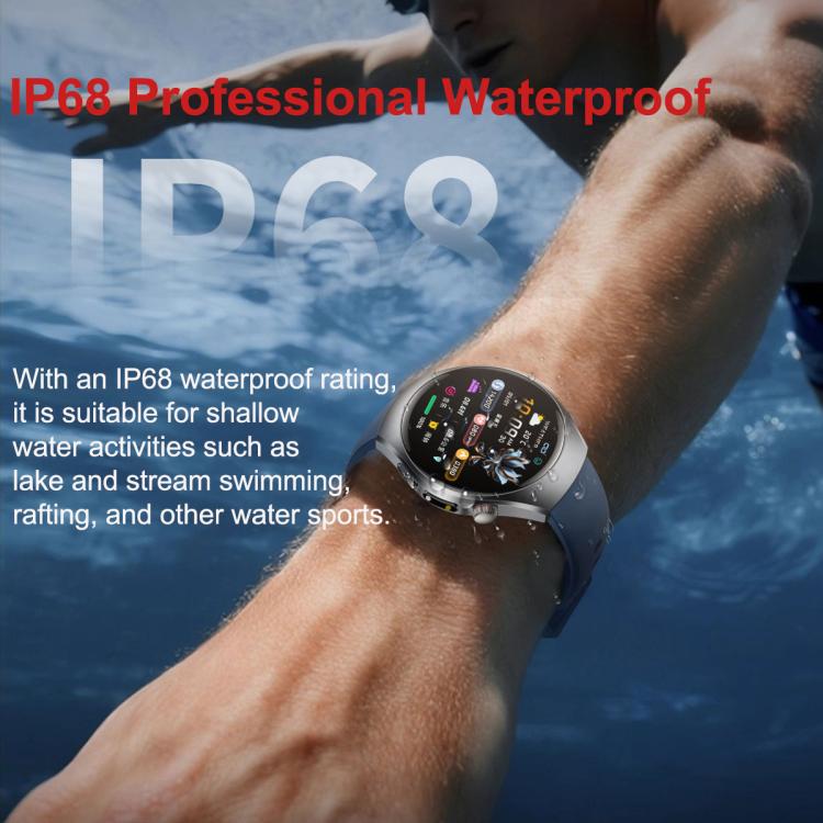 Round silver smartwatch with dark silicone strap and a colorful app display.
