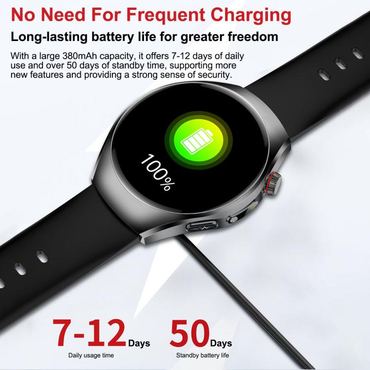 Black-strap smartwatch with silver case, charging cable, and battery icon on screen.