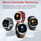 Smartwatches shown with metal, red, brown, and black straps and varied reminder displays.