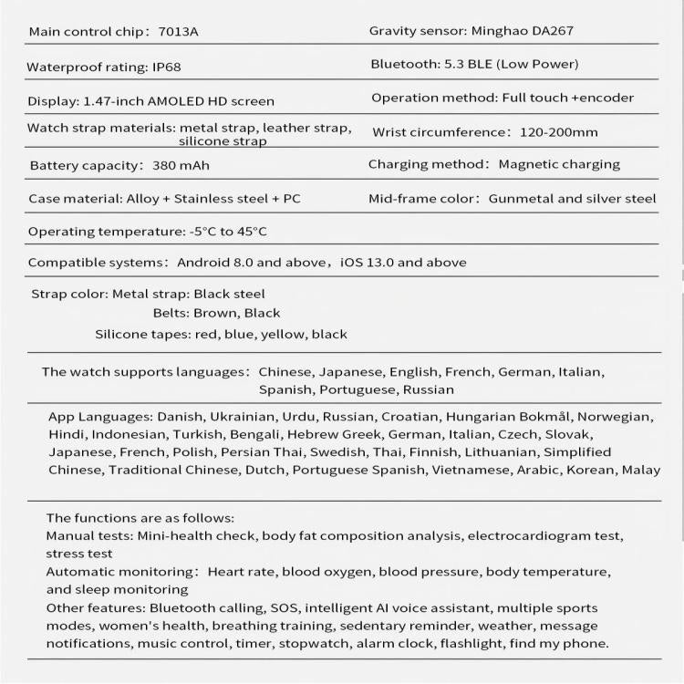 Smartwatch specifications list display, strap materials, case materials, connectivity, and health features.