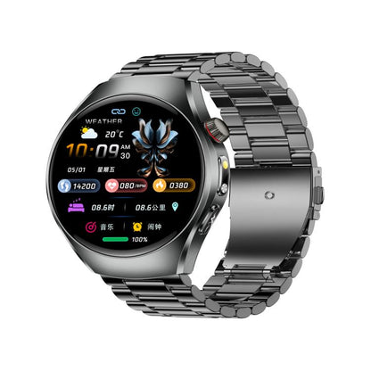 ET460 smartwatch with dark steel link band and round color health dashboard