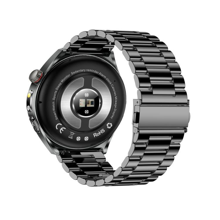 ET460 smartwatch with dark steel link band, shown from the sensor side