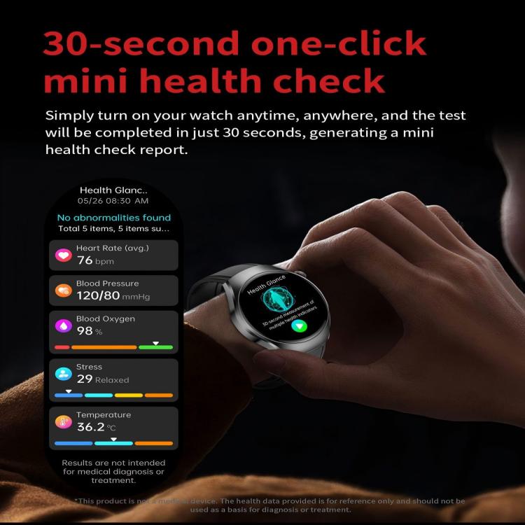 ET460 smartwatch showing a mini health check screen with vital readings