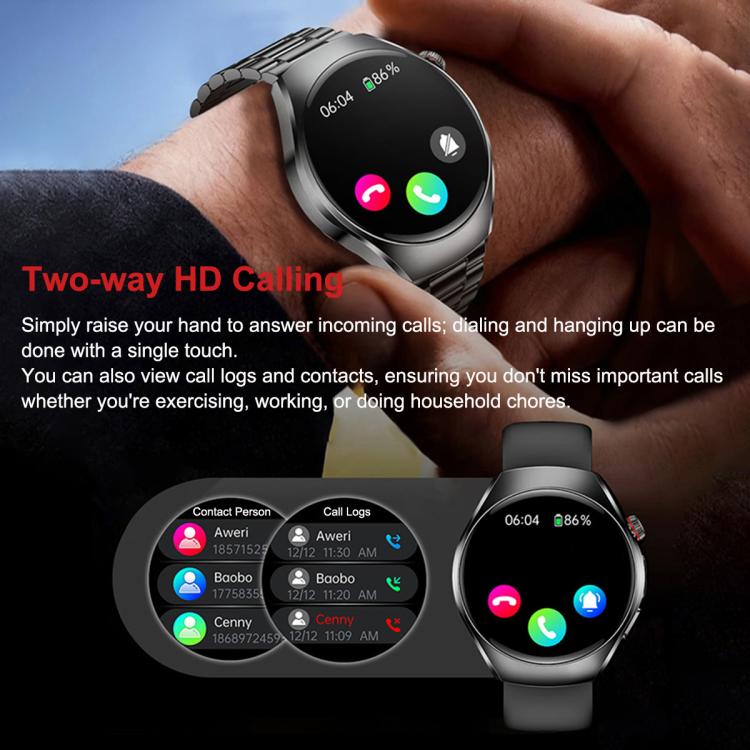 ET460 smartwatch with dark steel band showing two-way calling controls