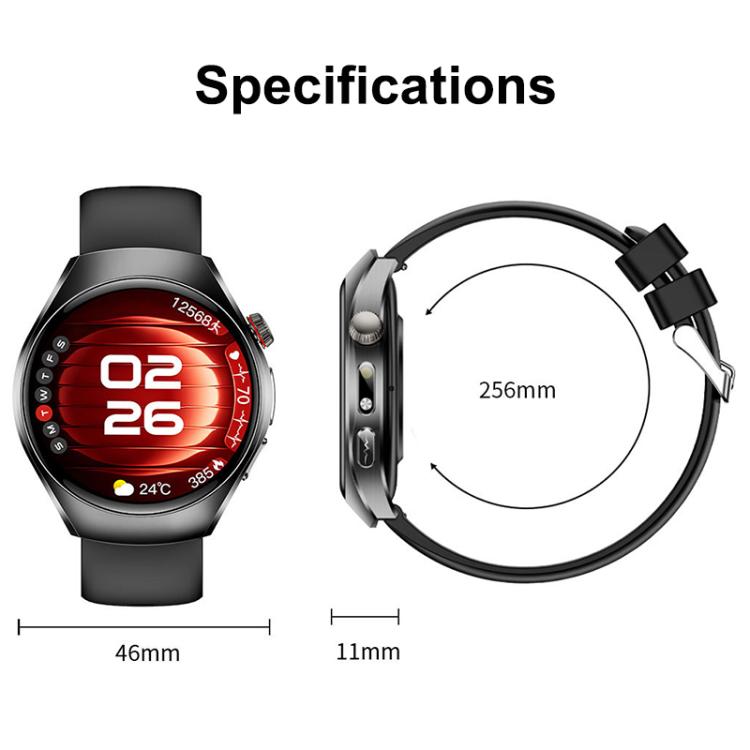 ET460 smartwatch with round display and dark strap, shown with 46 mm case and 11 mm thickness