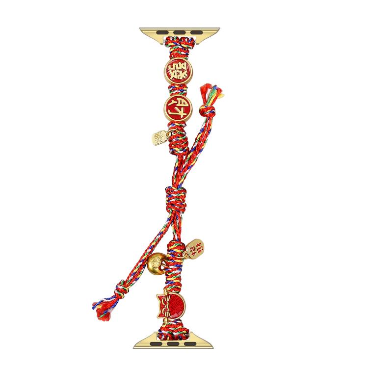 Multicolor braided Apple Watch band with red-and-gold charms and adjustable tie cords