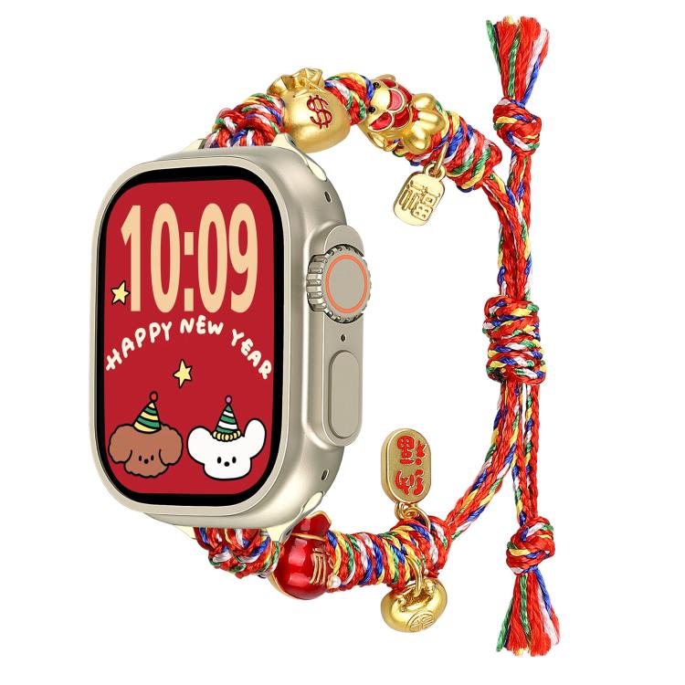 Braided Apple Watch band with gold money charms, red accents and a bell