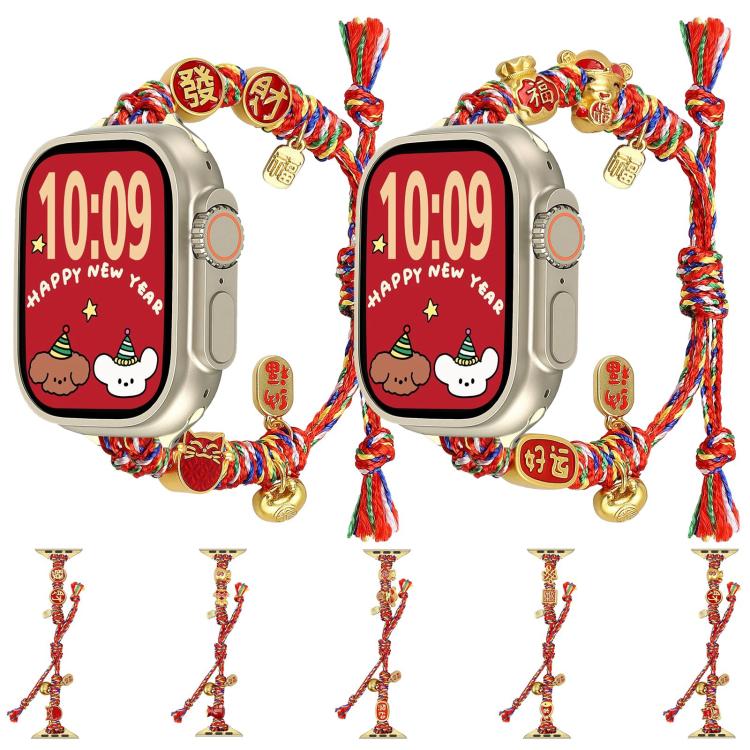 Two Apple Watches with red braided charm bands, shown with five band designs