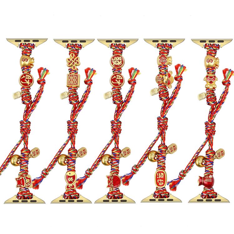 Five braided Apple Watch bands with red multicolor cords and gold-tone charms