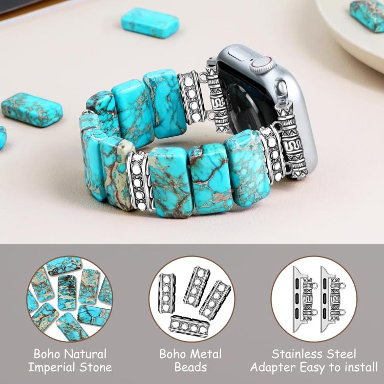 Turquoise Imperial Stone watch band with decorative silver-tone spacers and stretch fit
