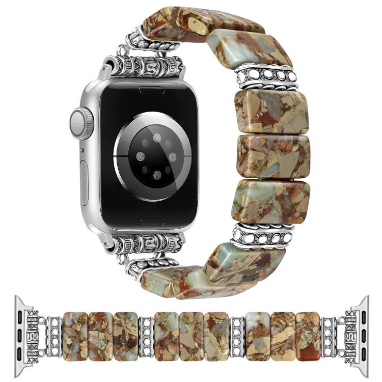 Earth-tone ceramic watch band with brown, tan, and muted green patterned beads