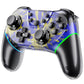 Blue and purple patterned game controller with dual joysticks and ABXY buttons