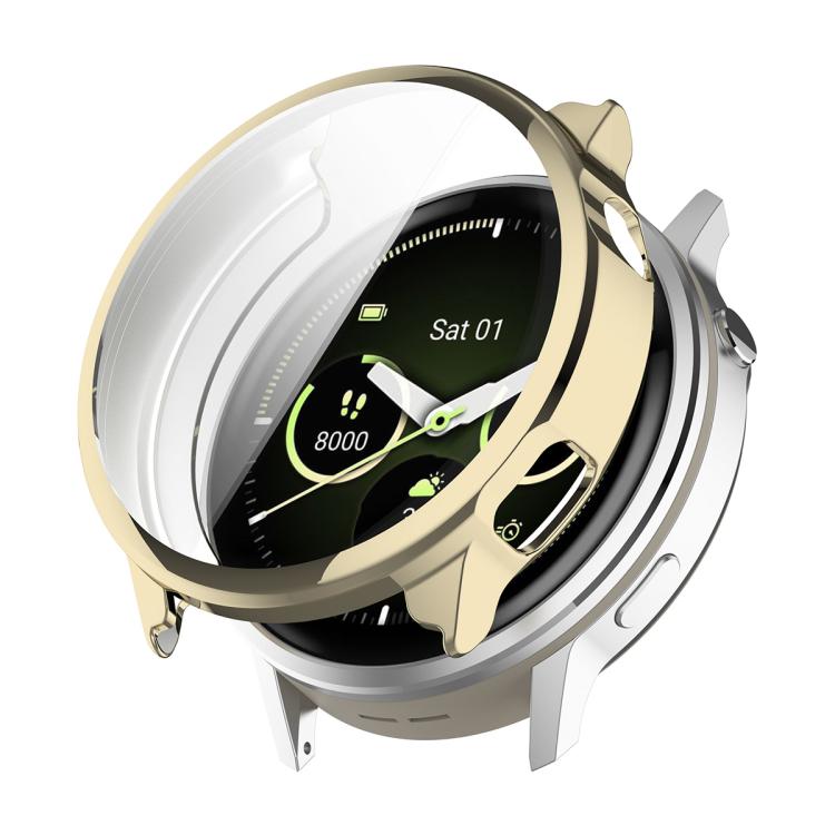 Gold electroplated TPU watch cover with clear screen protector, fitted on a smartwatch.