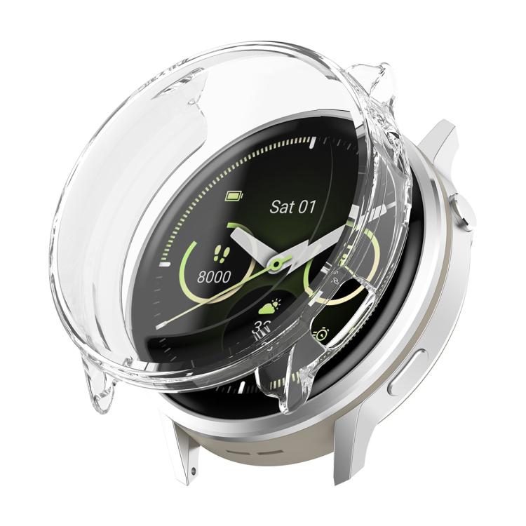 Clear TPU watch cover with screen protector shown over a smartwatch.