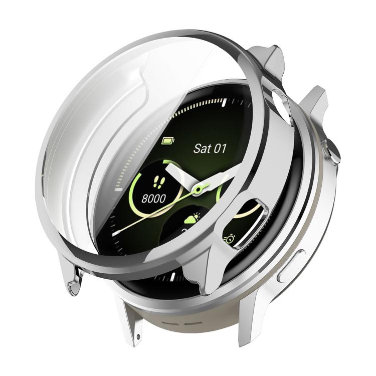 Silver electroplated TPU watch cover with clear screen protector on a smartwatch.