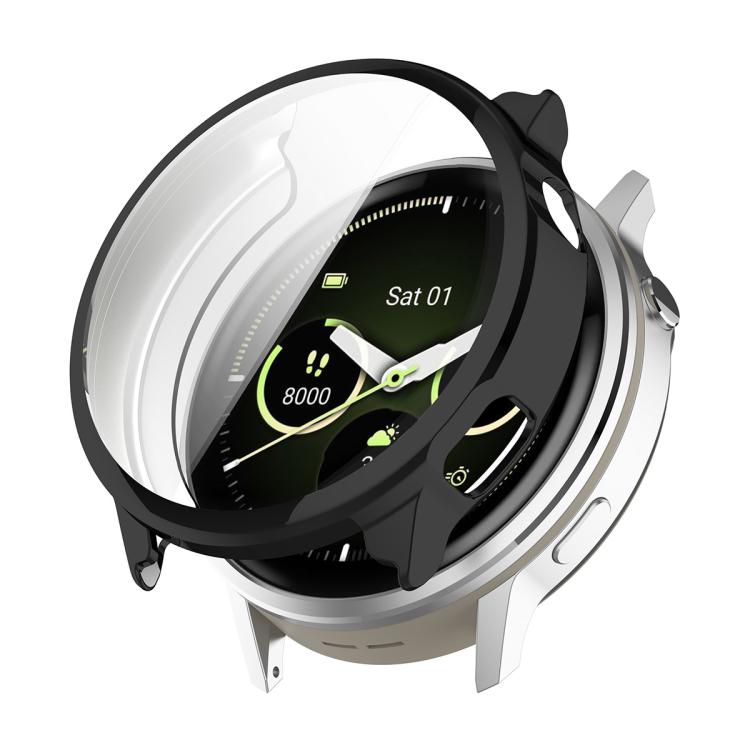 Black electroplated TPU watch cover with clear screen protector fitted on a smartwatch.