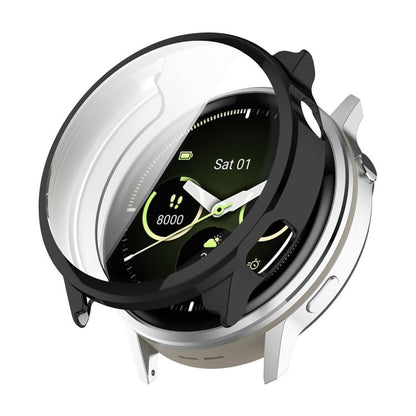 Black electroplated TPU watch cover with clear screen protector fitted on a smartwatch.