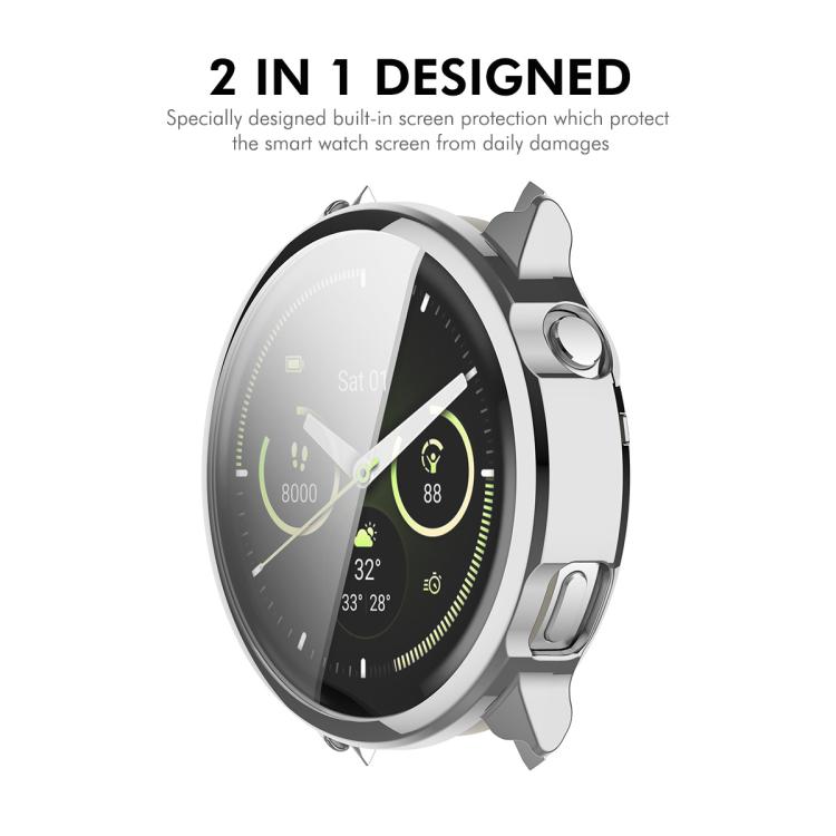 Silver TPU watch cover and screen protector fitted on a smartwatch, with button openings.
