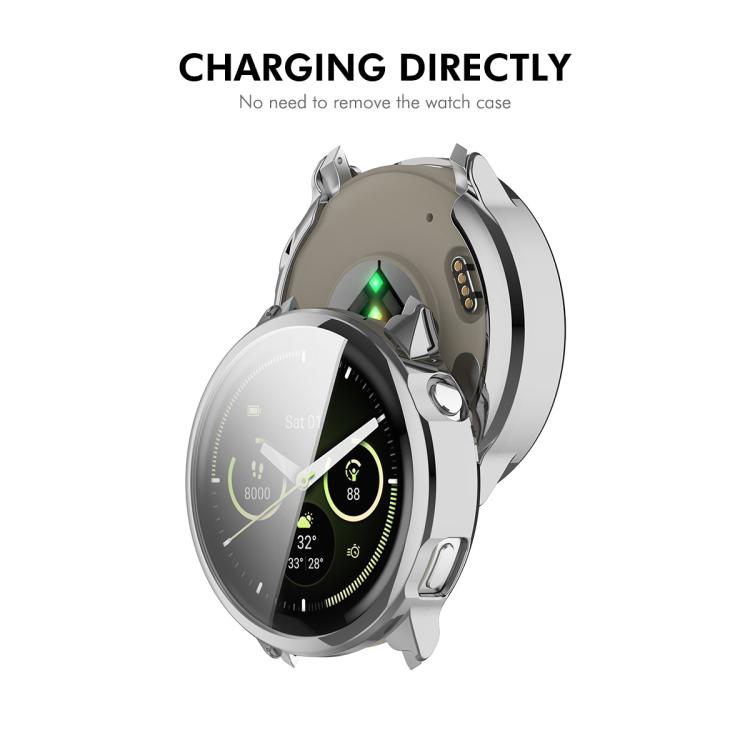 Silver full-coverage watch case with screen protector fitted on a smartwatch, showing charging access