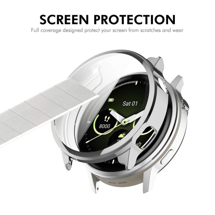 Silver watch case and screen protector shown separated from a smartwatch