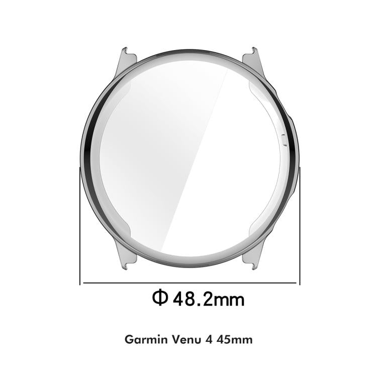 Silver full-coverage watch case with clear screen protector, shown front-on