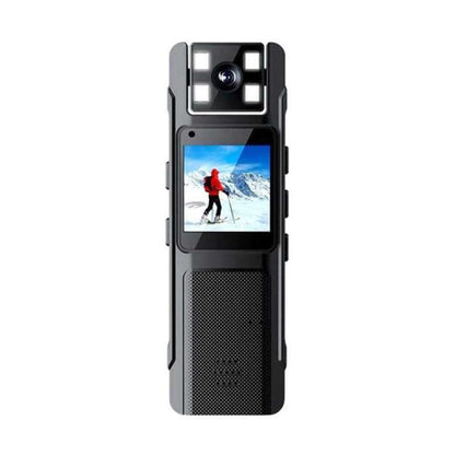 Portable clip-on body camera with front lens, small screen, and speaker grille