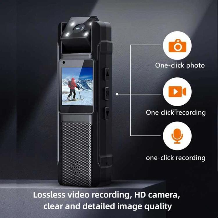 Front view clip-on video recorder with screen and speaker grille; one-click photo/record