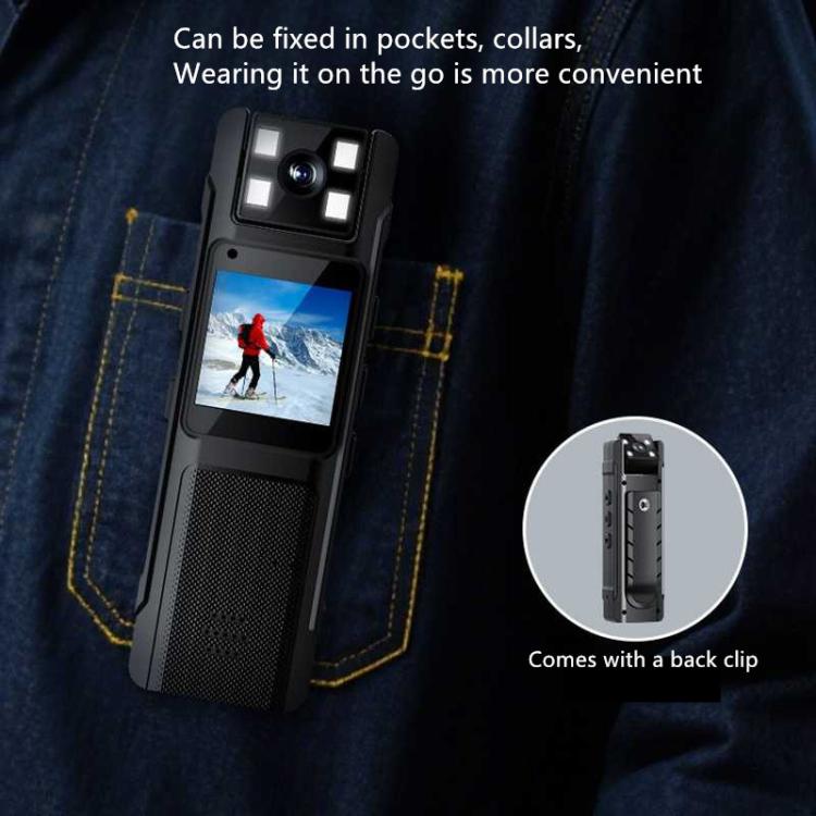 Clip-on body camera worn on denim with front display and back clip shown