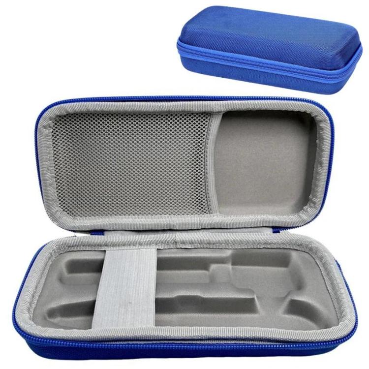 Blue hard-shell 3D printing pen case with zipper and carry strap, closed.