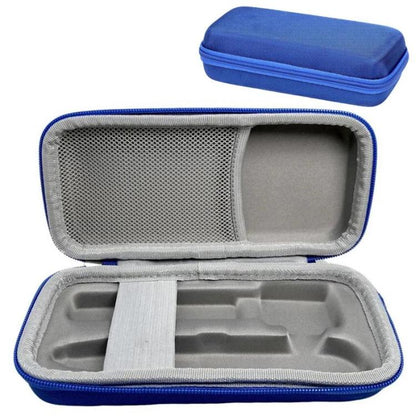 Blue hard-shell 3D printing pen case with zipper and carry strap, closed.
