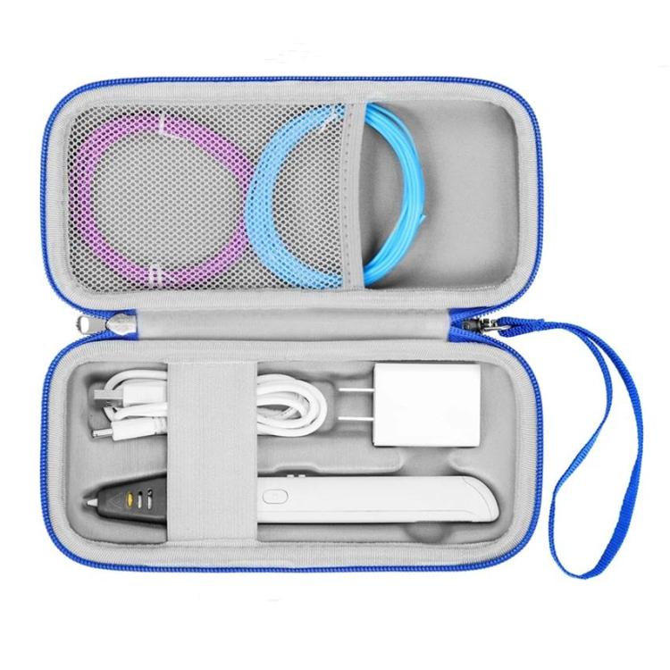 Blue hard-shell pen storage case opened, showing interior mesh pocket and compartments.