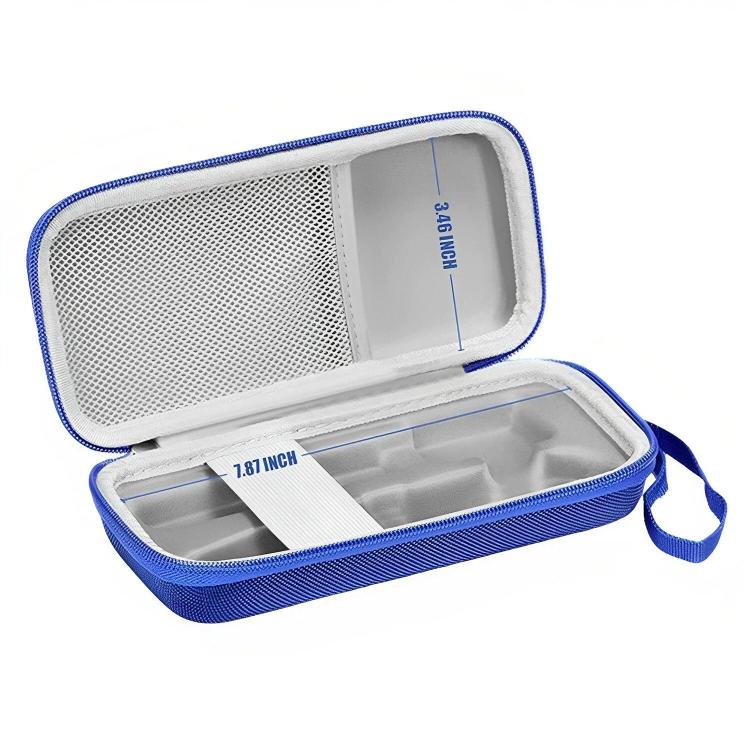 Blue hard-shell pen storage case opened, showing mesh divider and molded interior tray.