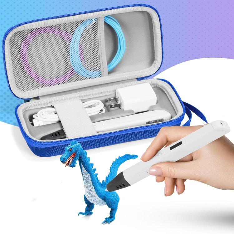 Blue hard-shell pen case opened with pen inside and elastic organizer strap visible.