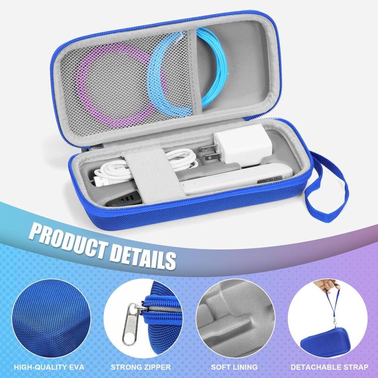 Blue hard-shell storage case with soft lining, strong zipper, and detachable strap.