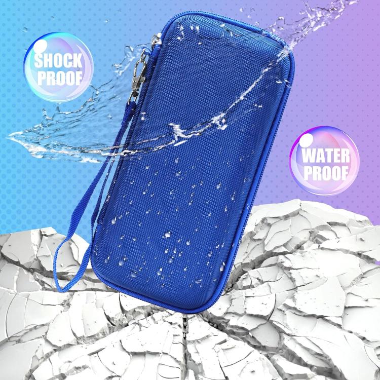 Blue hard-shell pen case with water droplets, secured by zipper and side keyring.