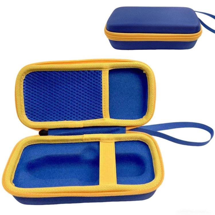 Kids 3D pen storage case, open with mesh pocket and two blue compartments, yellow trim