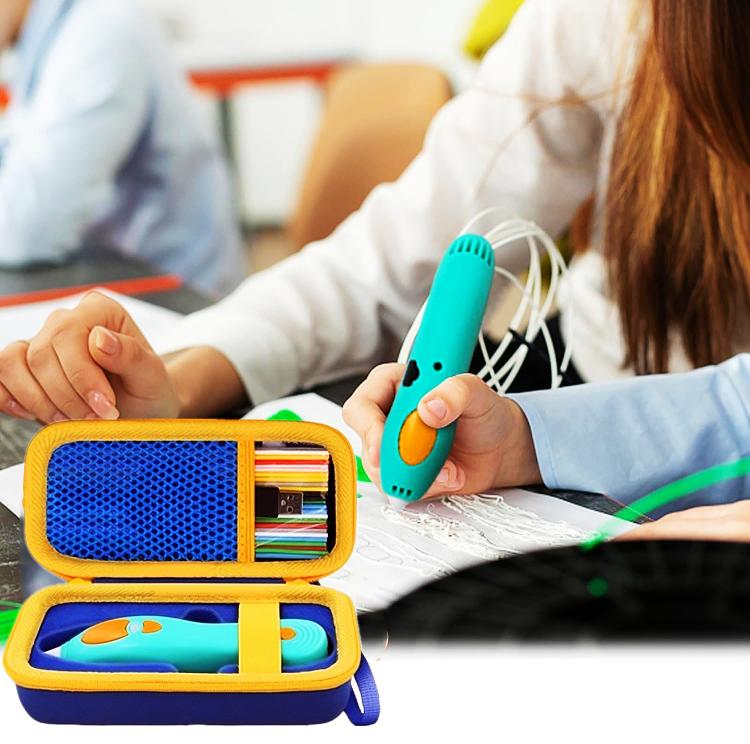 Kids 3D pen storage case on desk, open compartments holding a pen and colored rods
