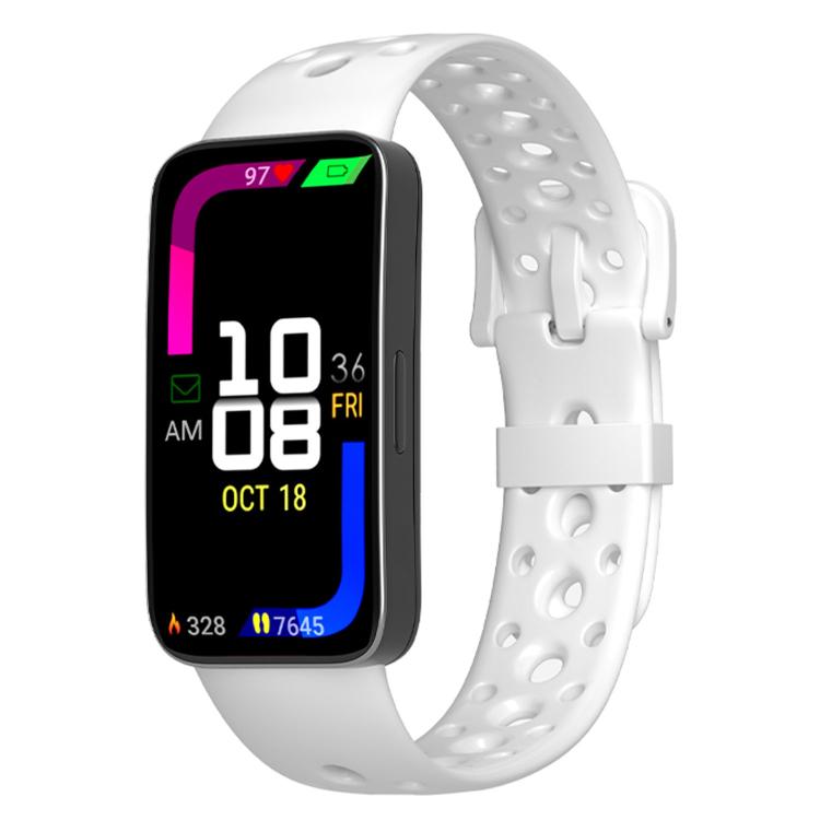 White silicone watch band with round holes and pin buckle, shown on a smartwatch.