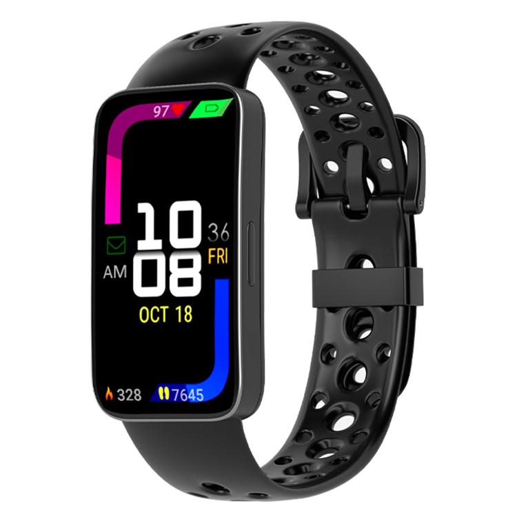 Black silicone watch band with round holes and matching pin buckle, shown on a smartwatch.