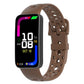 Brown silicone watch band with round holes and matching pin buckle, shown on a smartwatch.