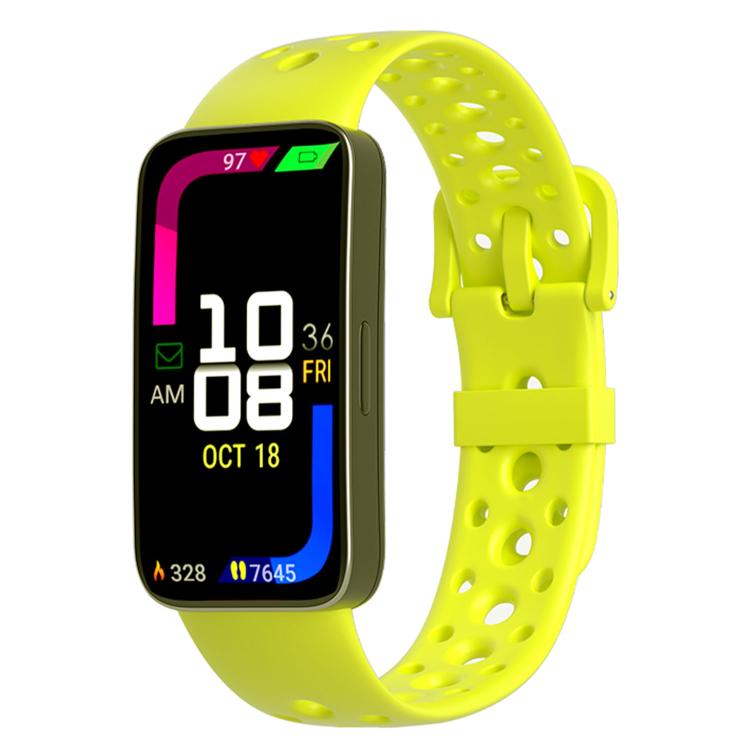Fluorescent green silicone watch band with round holes and matching pin buckle.