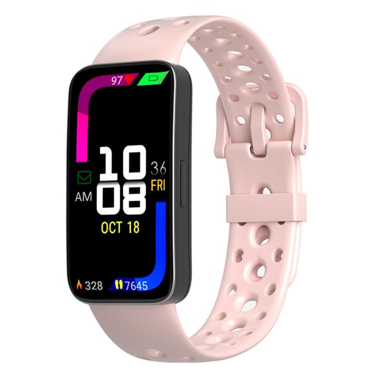 Pale pink silicone watch band with round holes and matching pin buckle.