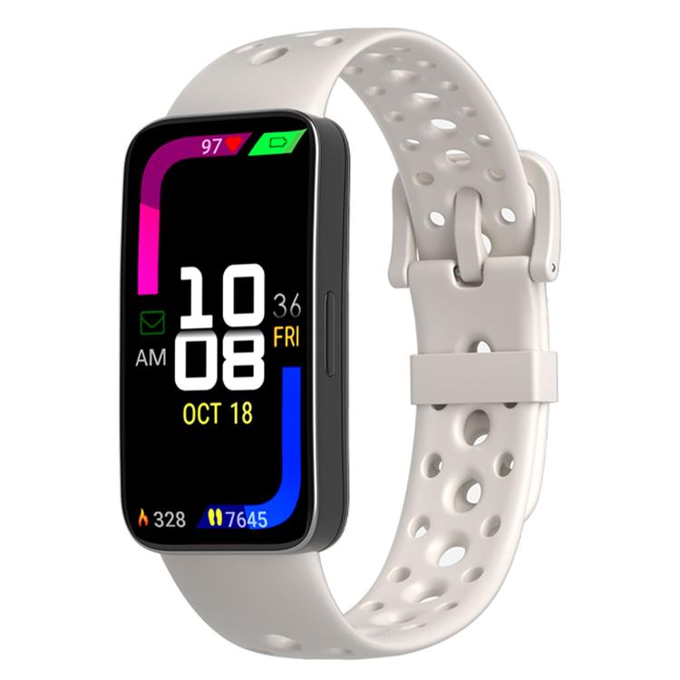 Light gray silicone watch band with round holes and matching pin buckle.