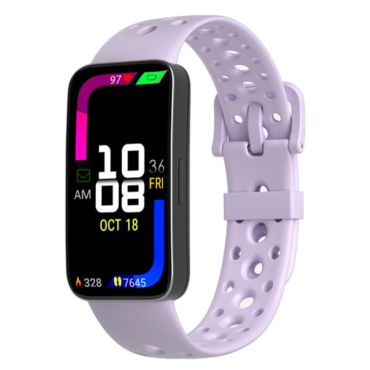 Light purple silicone watch band with round holes and matching pin buckle.