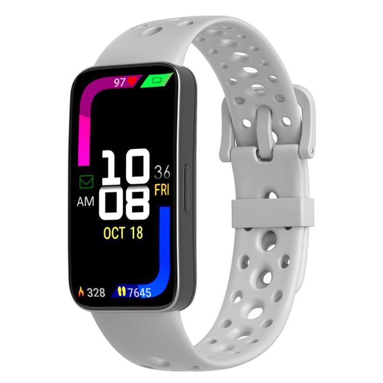 Gray silicone watch band with round holes and matching pin buckle.