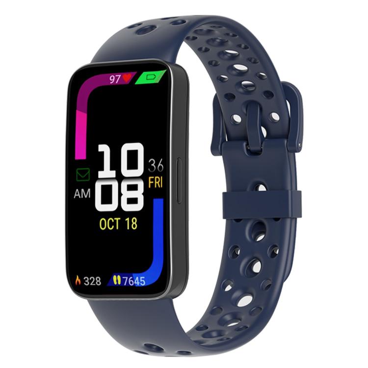 Midnight blue silicone watch band with round holes and matching pin buckle.