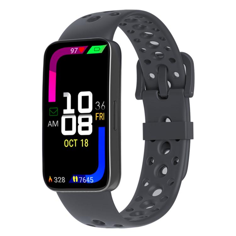 Black perforated silicone watch band with matching pin buckle on a fitness tracker