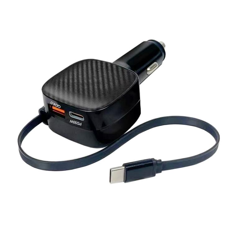 Black car charger with retractable cable and USB-C connector, carbon-fiber textured housing